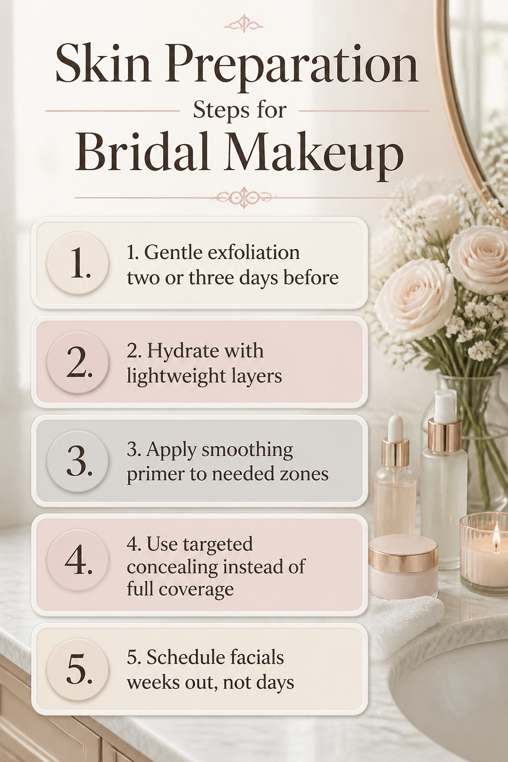 Steps for skin preparation before applying bridal makeup.