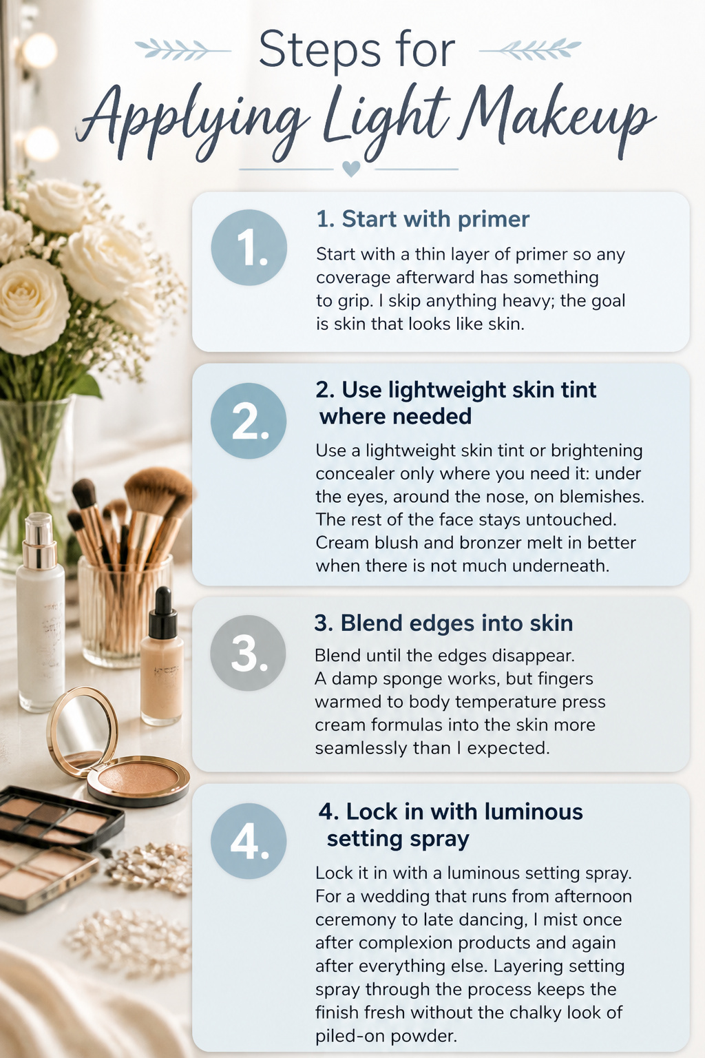Steps for applying light makeup to achieve a natural look.