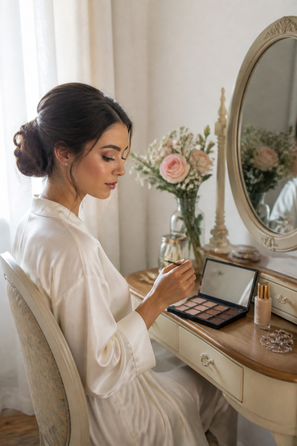 A young woman in soft glam makeup at a vintage vanity.