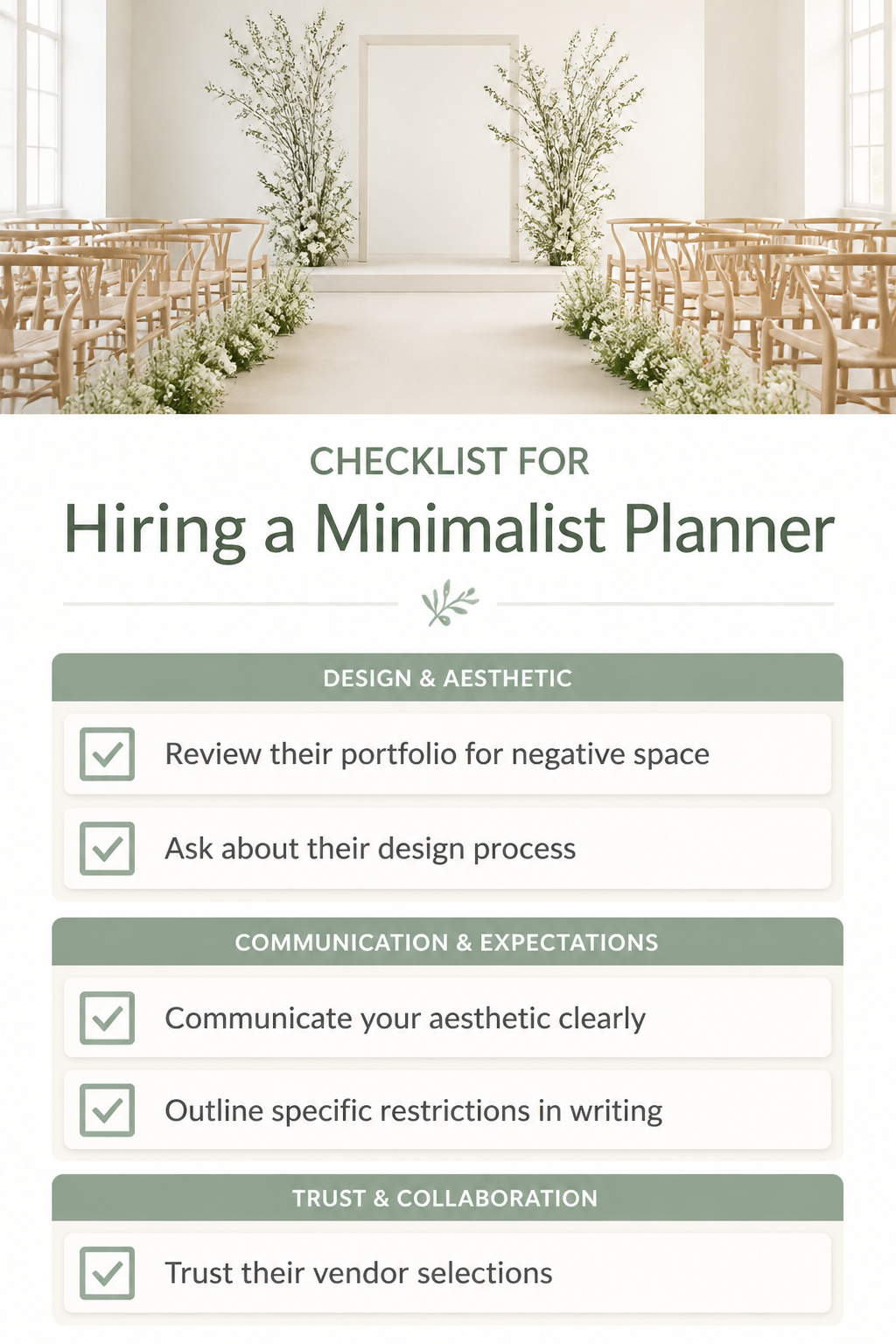 Minimalist Wedding: 7 Ideas for 2026 Celebrations 11 A checklist for hiring a minimalist wedding planner.