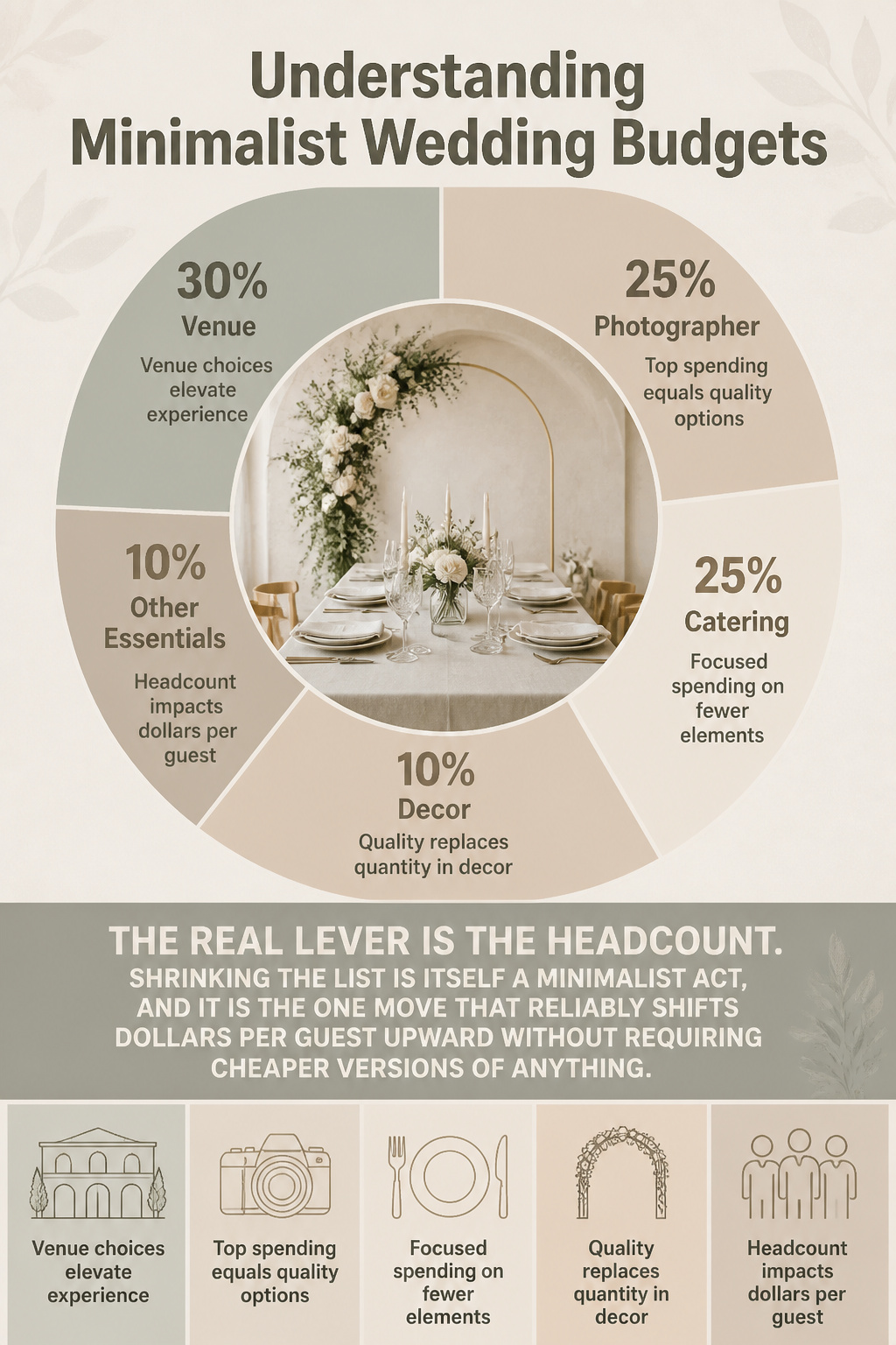 Minimalist Wedding: 7 Ideas for 2026 Celebrations 8 An infographic illustrating minimalist wedding budget breakdowns.