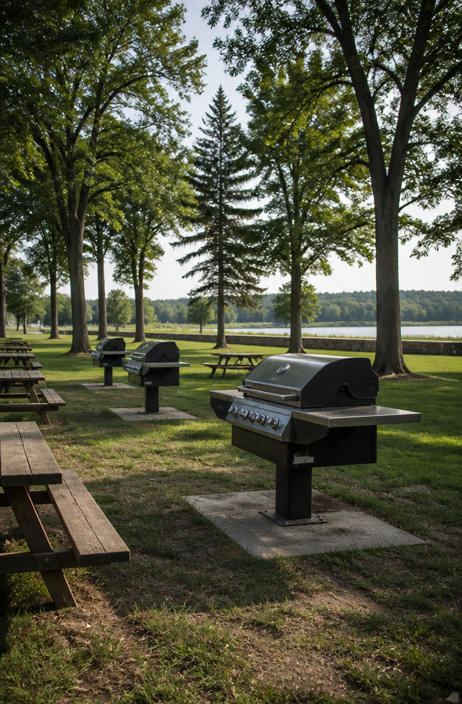 Rustic Outdoor Barbecue Grill Styles and Options for 2026 3 Heavy-duty commercial-grade park grill in a picnic area.