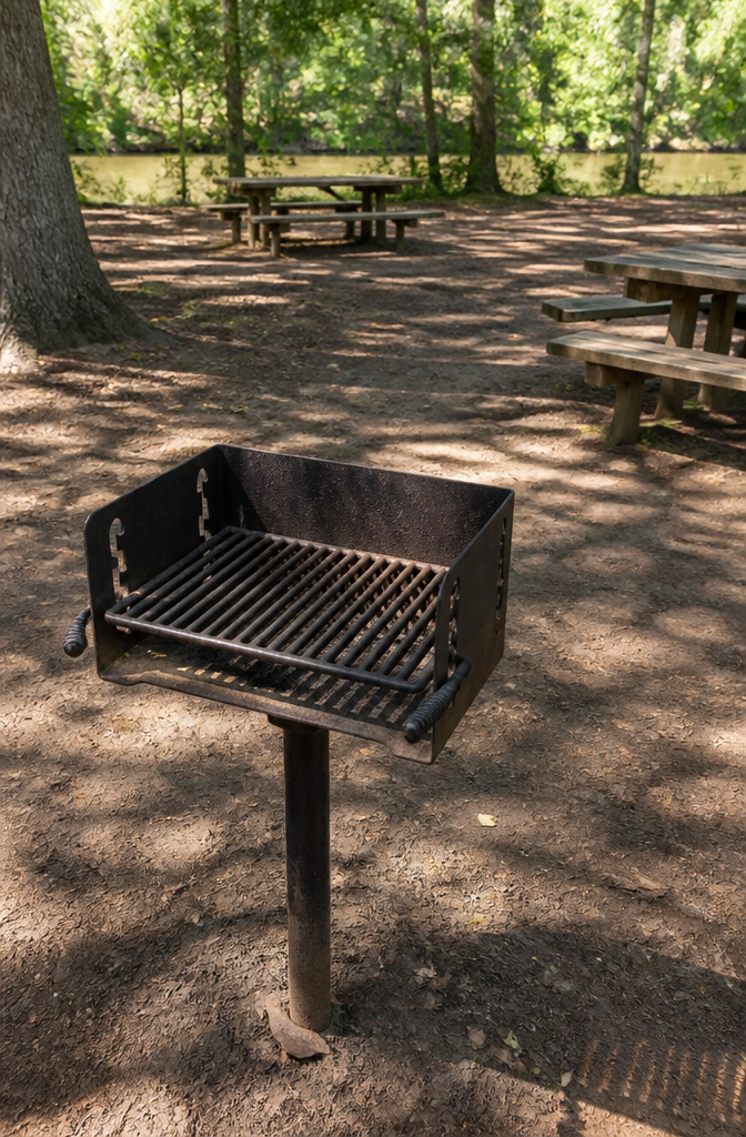 Rustic Outdoor Barbecue Grill Styles and Options for 2026 7 Standard park grill located in a picnic area with wooden tables.