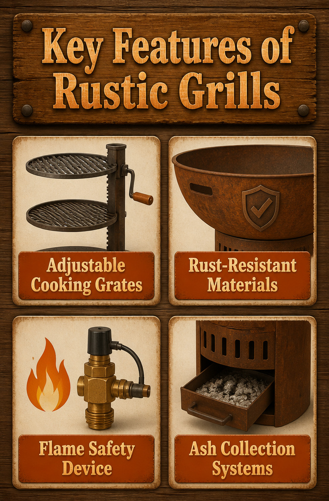 Rustic Outdoor Barbecue Grill Styles and Options for 2026 9 Infographic detailing key features of rustic grills.