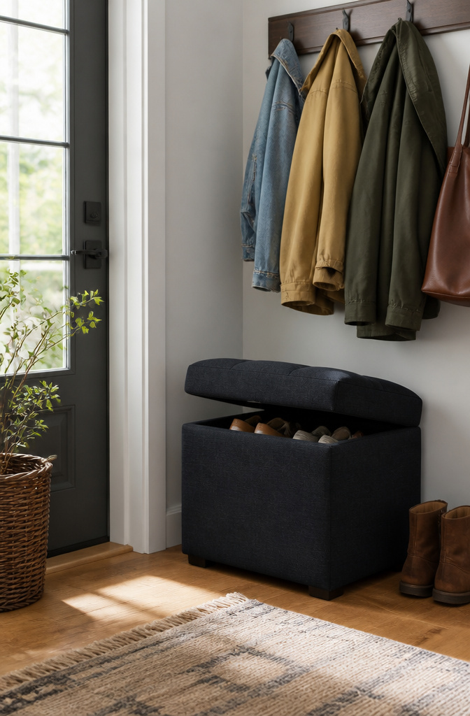 A dark fabric storage ottoman with shoes partially visible inside.