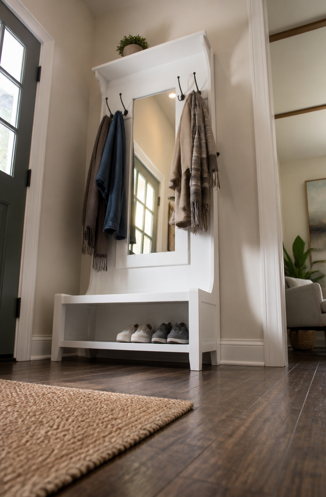 A tall hall tree with hooks and a shelf for shoes.