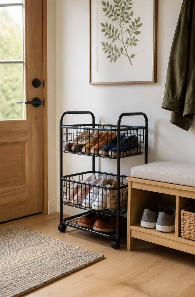 A rolling basket unit with two tiers for shoes next to a bench.