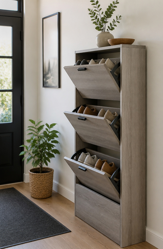 A gray oak shoe storage cabinet with tilt-out drawers.