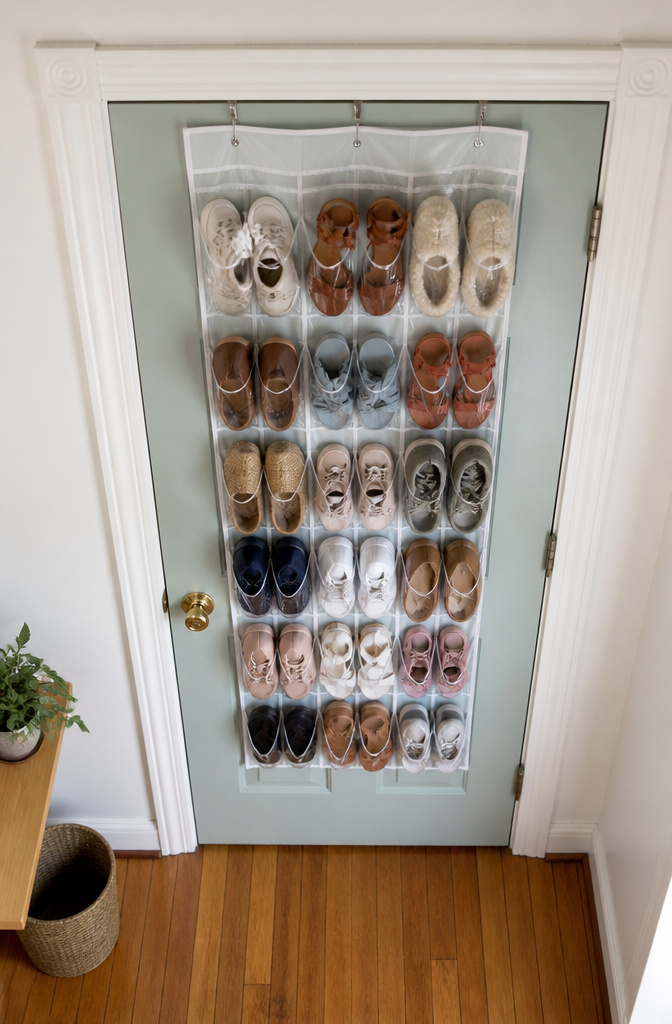 A hanging shoe organizer with pockets on the back of a door.