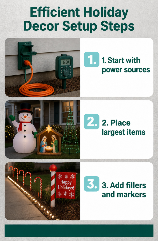 A guide detailing steps for efficient holiday decoration setup.