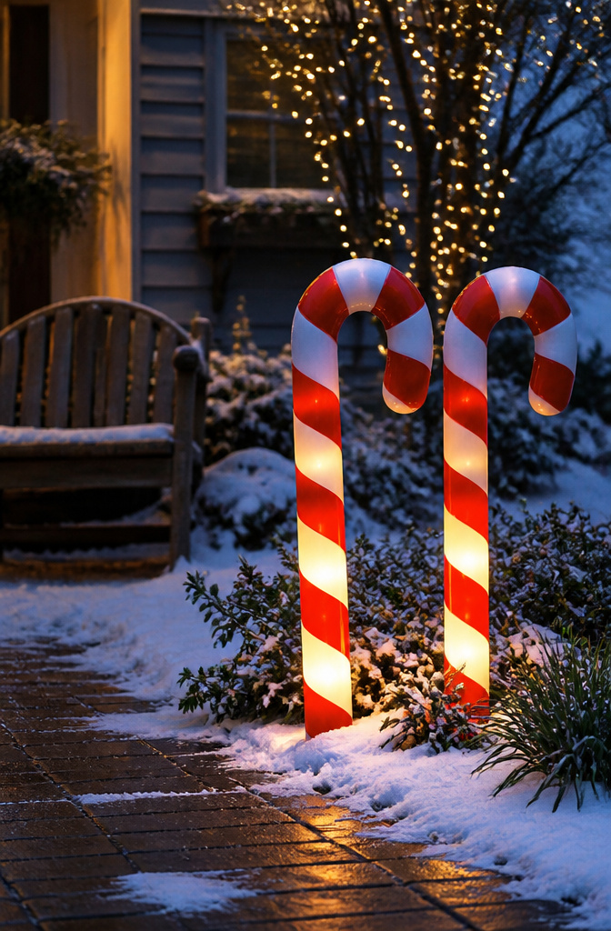 Two 40-inch candy cane blow molds at the edge of a walkway.