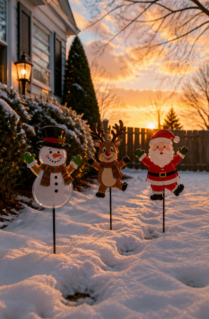 A 25.5-inch yard stake decoration set with festive characters.
