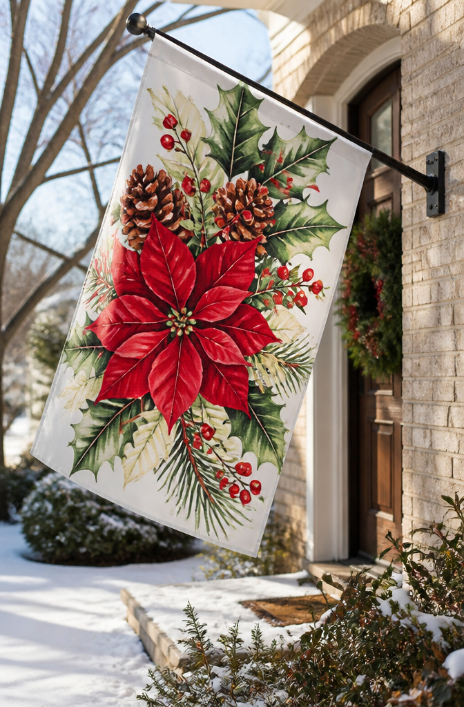 A small holiday flag on a bracket by a door.