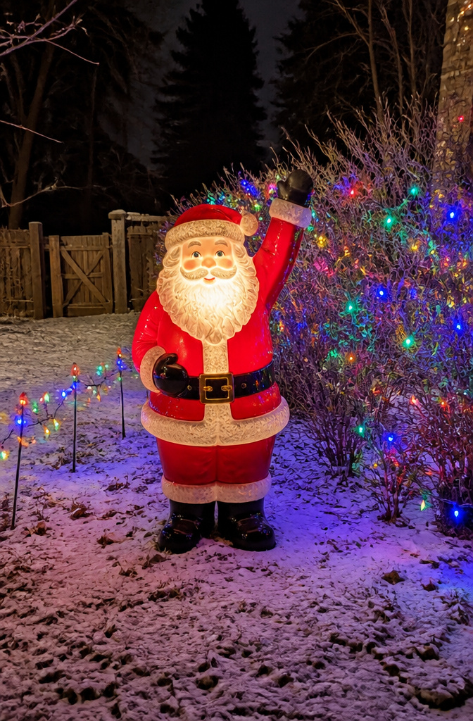 An outdoor animated Santa decoration on a front lawn.