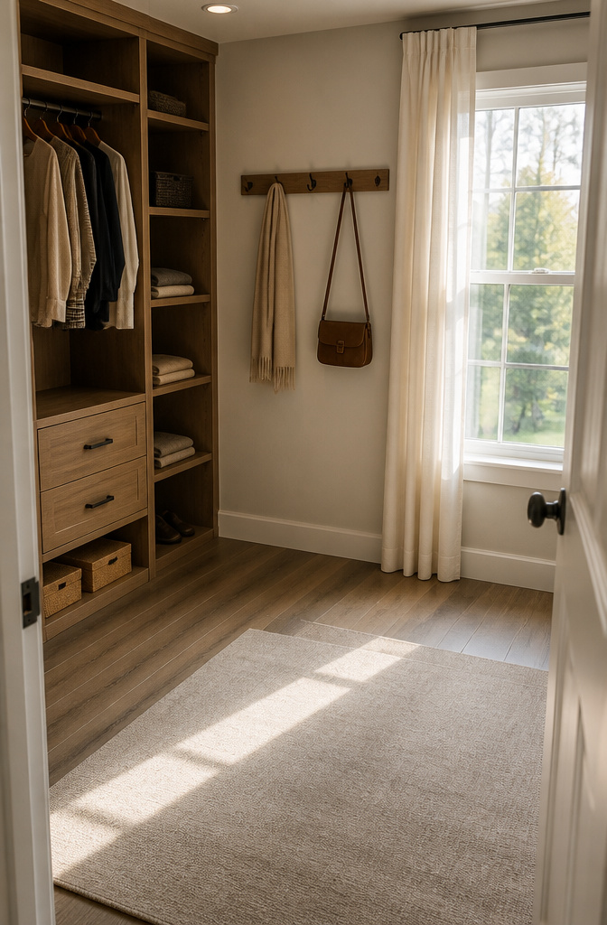 A converted room featuring built-in shelves and hooks for closet use.