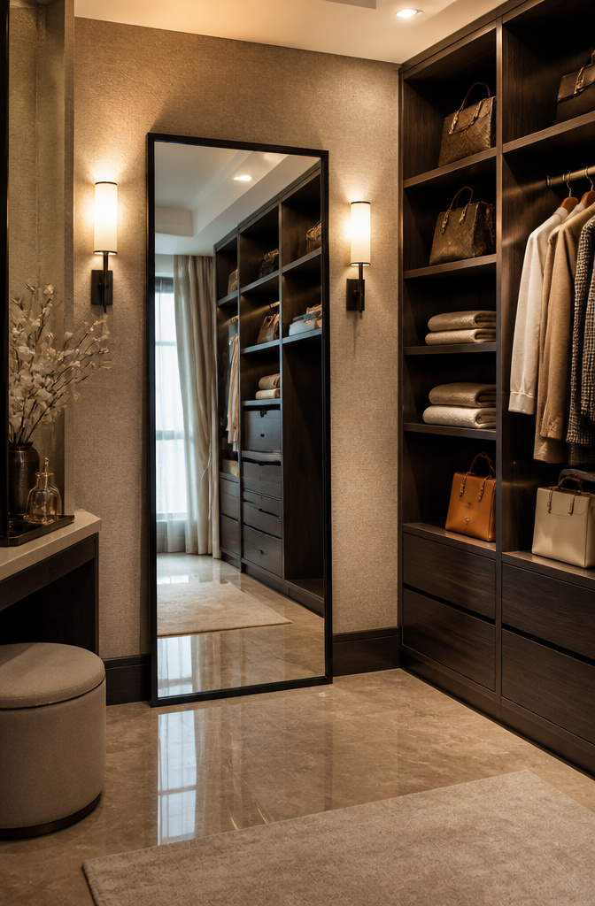 A full-length mirror placed on the wall of a walk-in closet.