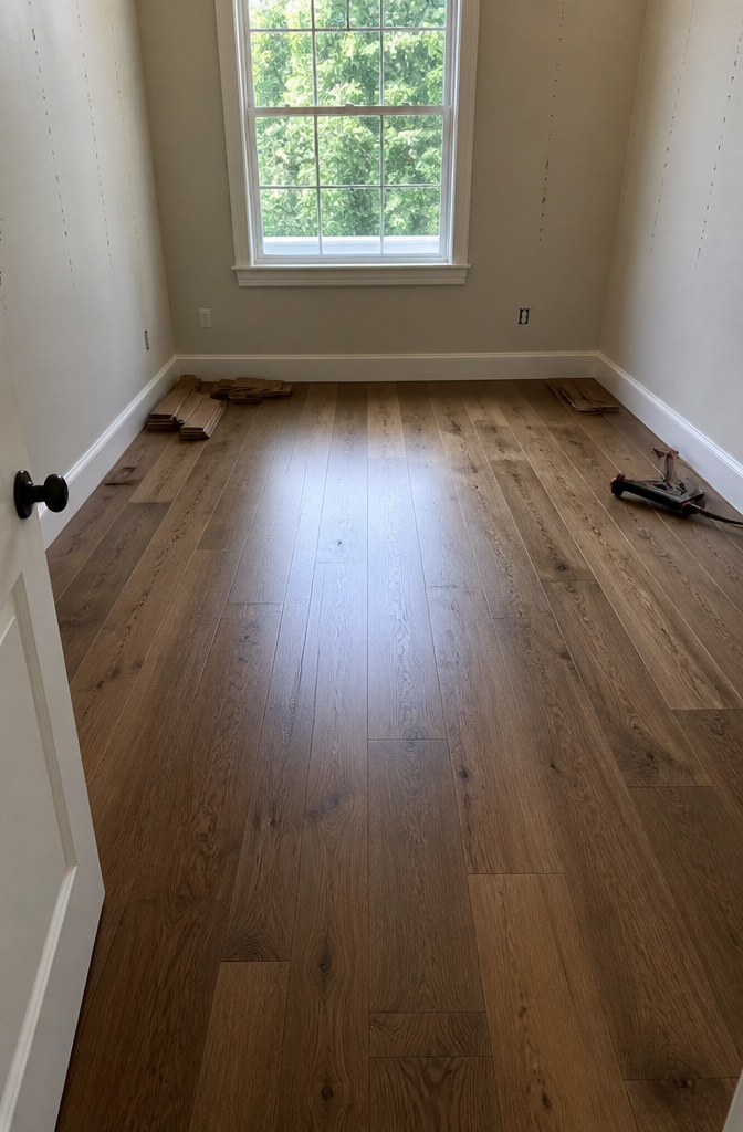 Newly installed medium-toned engineered hardwood flooring in a room.