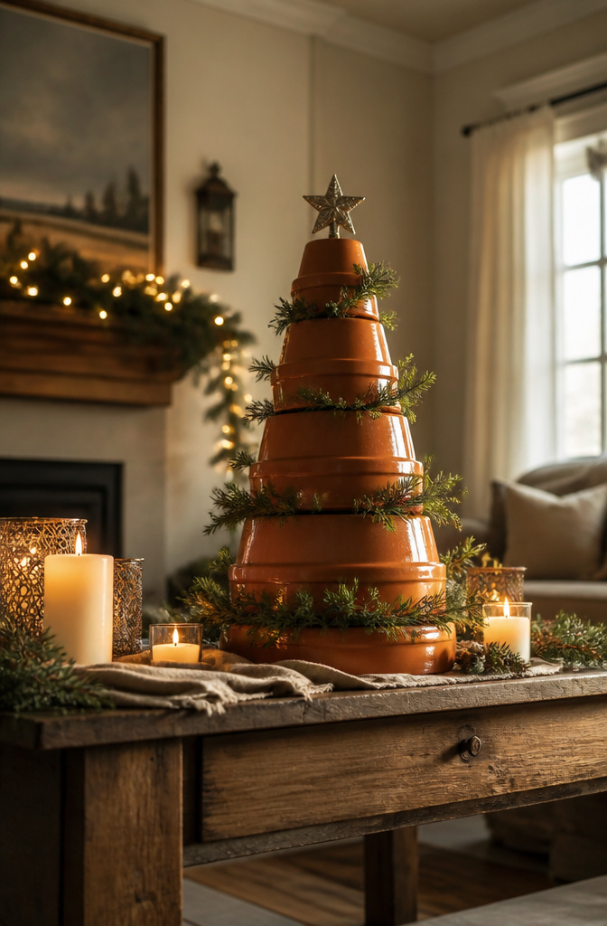 Cute Christmas DIY Decorations: 20 Fresh Ideas for 2026 11 Three stacked terracotta pots shaped like a Christmas tree.