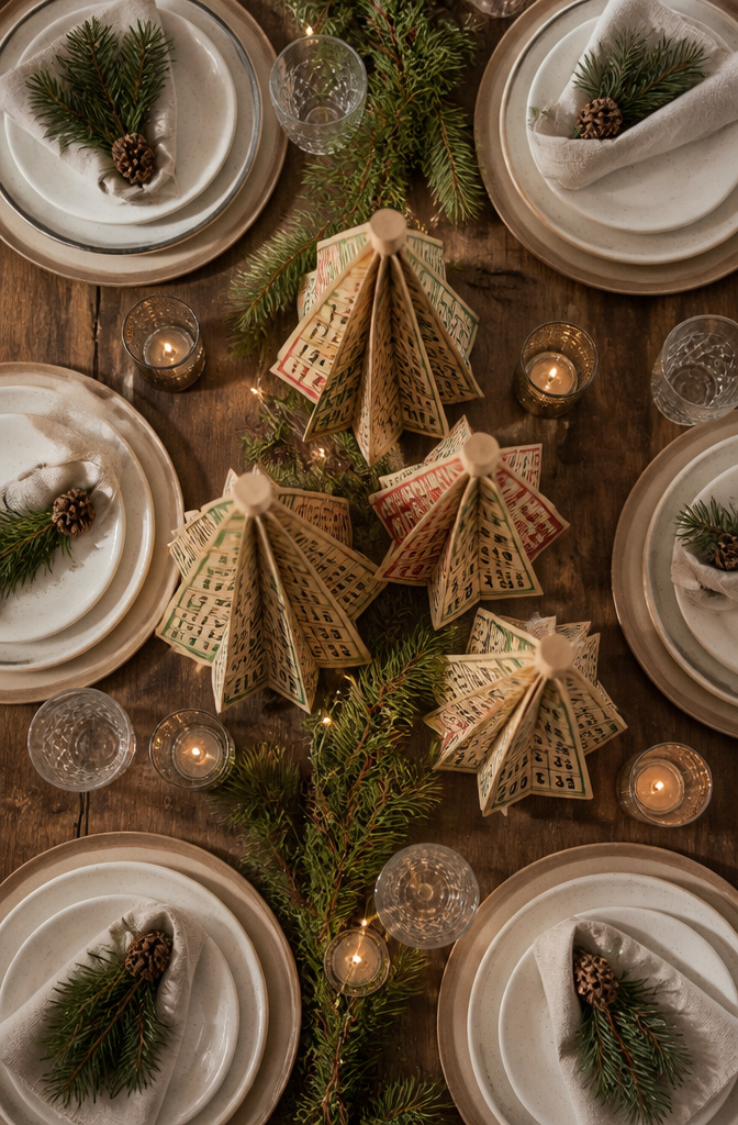 Cute Christmas DIY Decorations: 20 Fresh Ideas for 2026 13 Small trees made from vintage bingo cards arranged on a table.
