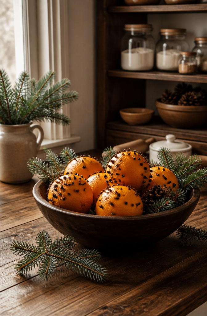 Cute Christmas DIY Decorations: 20 Fresh Ideas for 2026 20 A bowl of pomanders made from oranges and cloves on a counter.