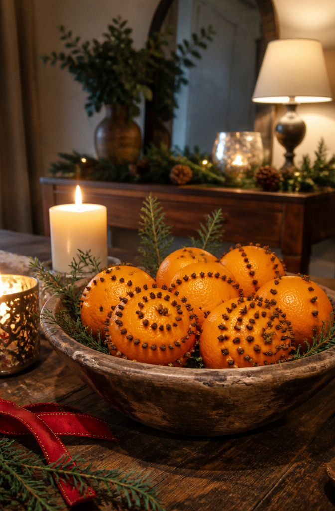 Cute Christmas DIY Decorations: 20 Fresh Ideas for 2026 6 A wooden bowl filled with orange and clove pomanders on a table.