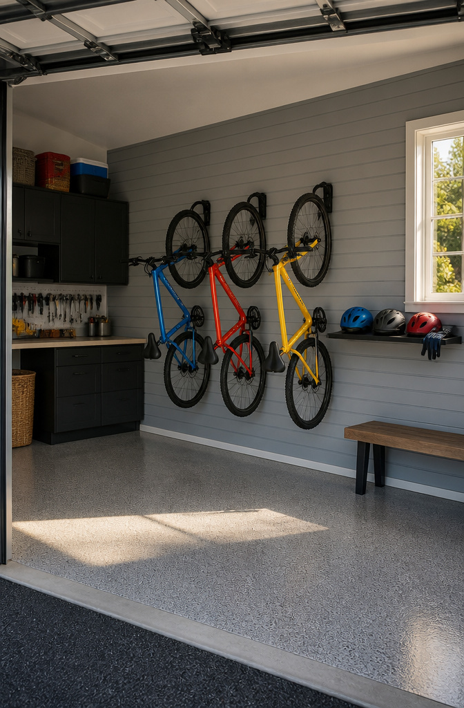 Wall-mounted bike hooks holding several bicycles in a garage.