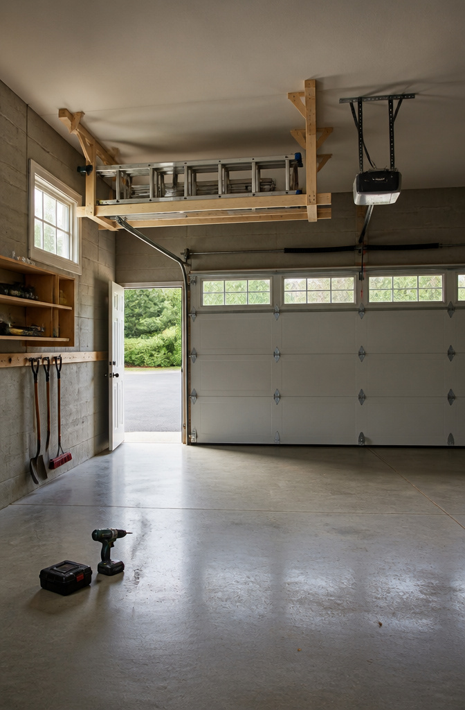 Ceiling-mounted racks holding an extension ladder in a garage.