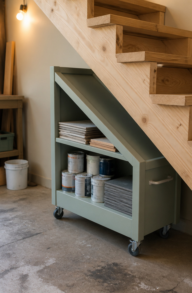 Rolling cart stored under garage stairs for additional storage.
