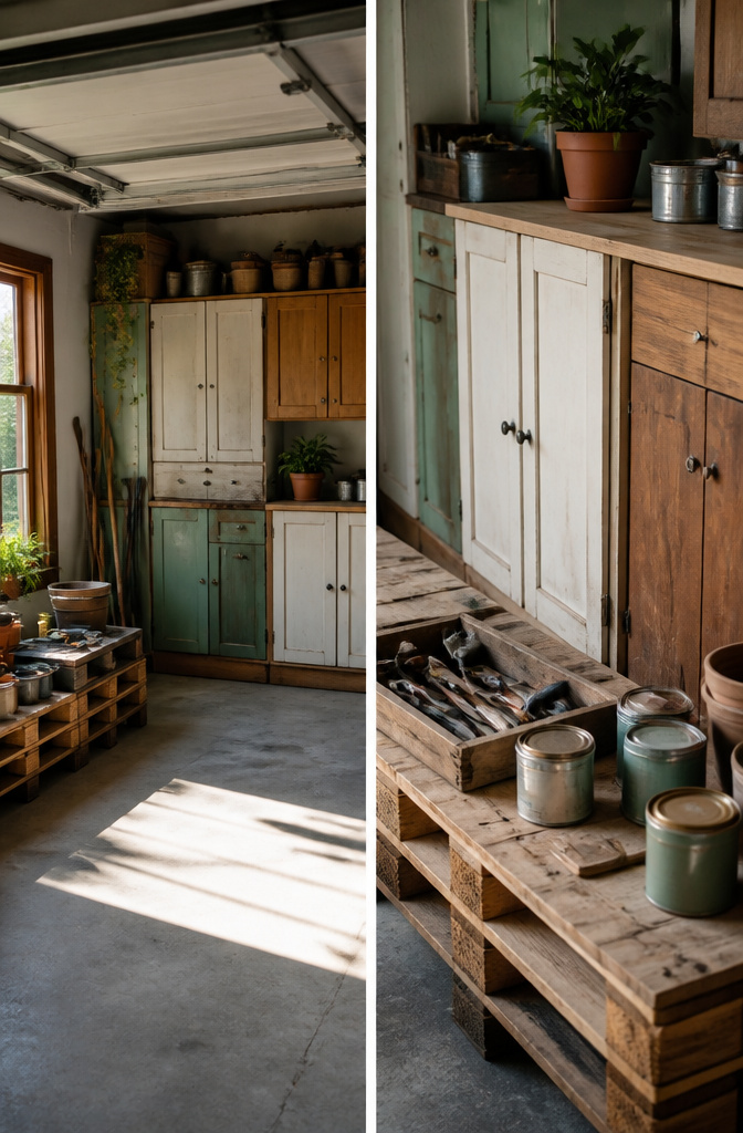 Old kitchen cabinets repurposed for storage in a garage.
