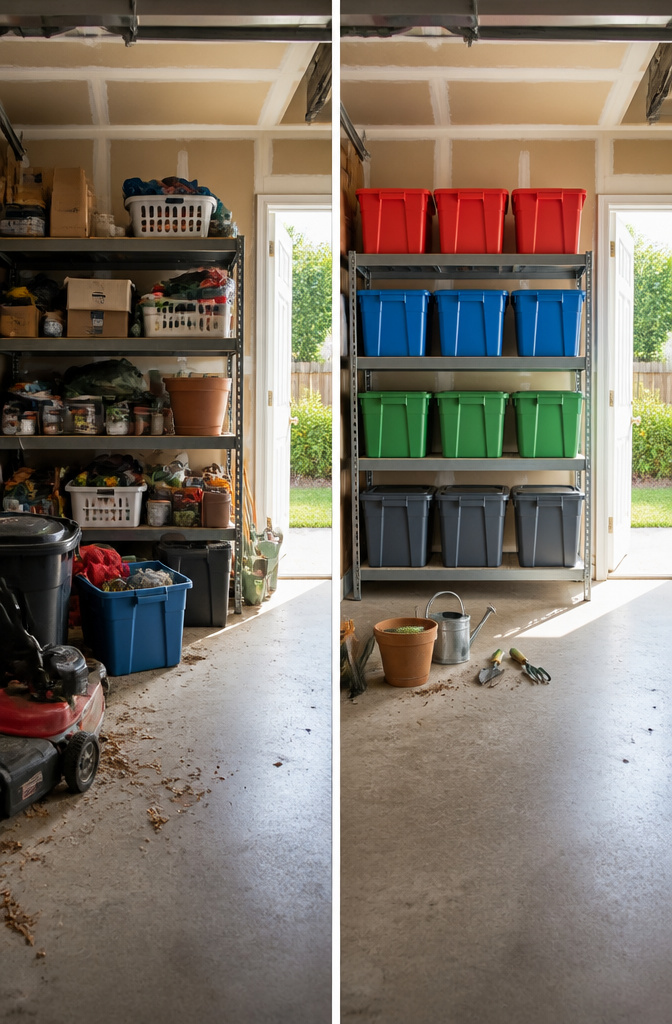 Color-coded storage bins arranged in a garage.
