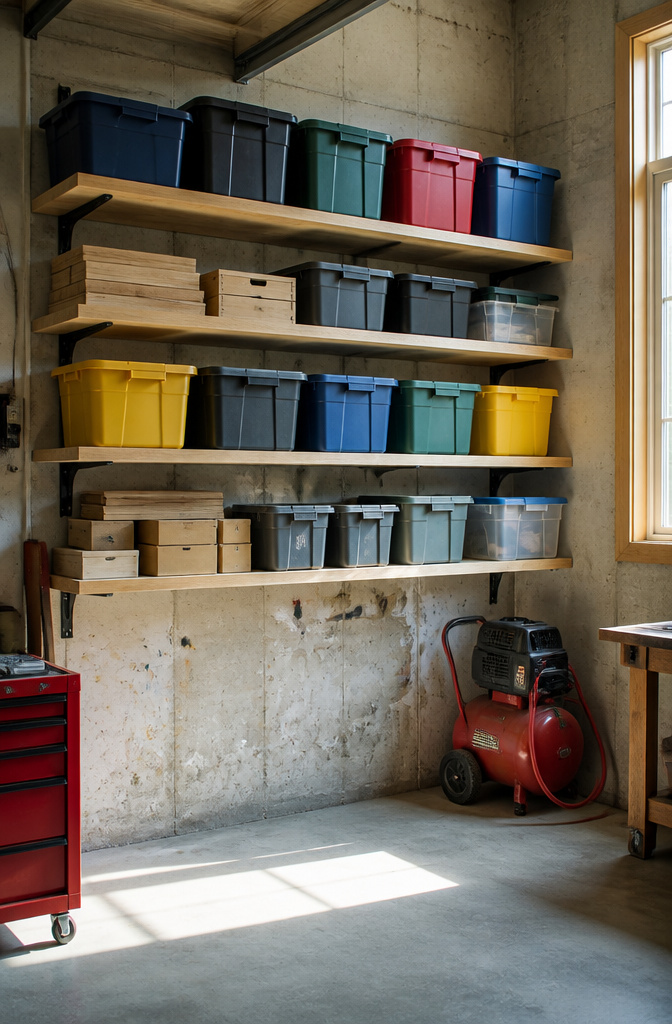 Wall-mounted shelves filled with Rubbermaid bins and boxes in a garage.