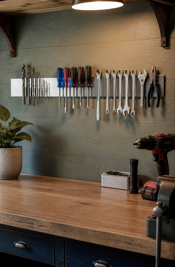 Magnetic tool rack on a garage wall holding various tools.