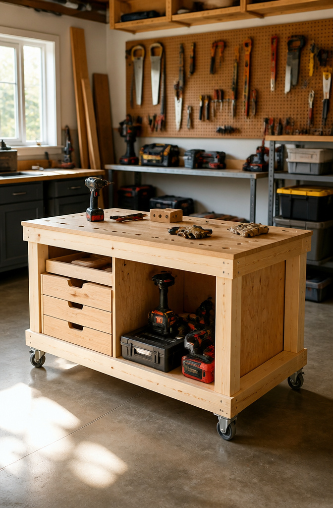 Rolling workbench constructed from wood, positioned in a garage.