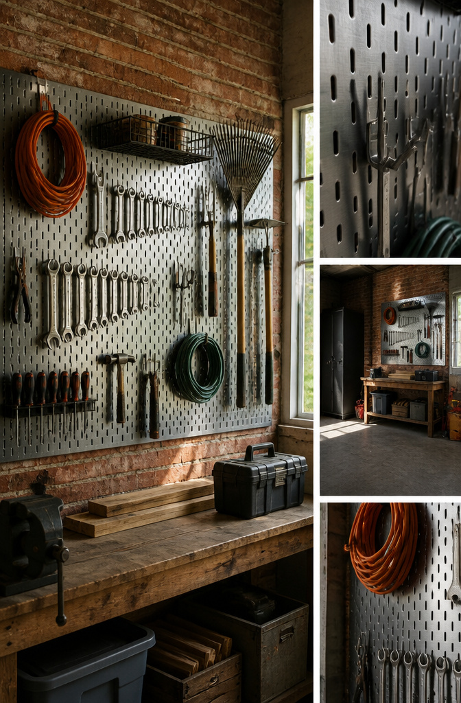 Pegboard wall in a garage displaying various tools on hooks.
