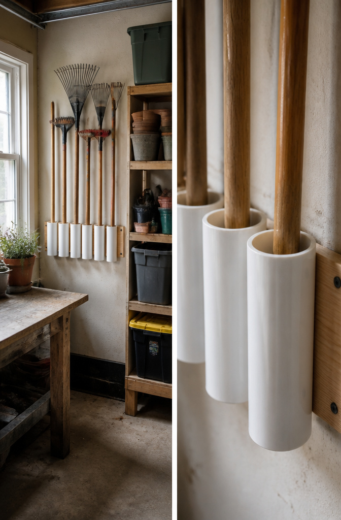 PVC pipes mounted to a board, storing various garden tools.