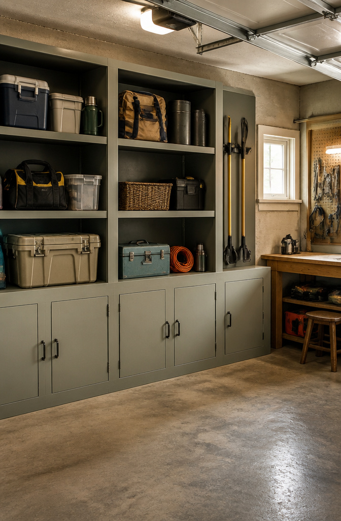 Set of DIY cabinets in a garage, holding tools and seasonal items.