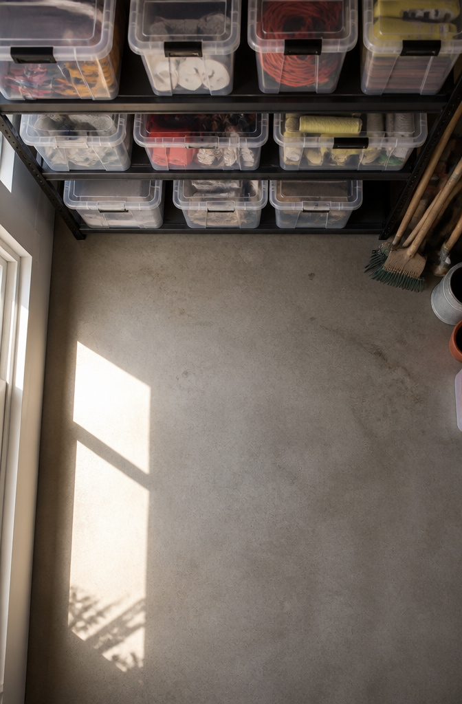 Stacked clear plastic storage bins in a garage.
