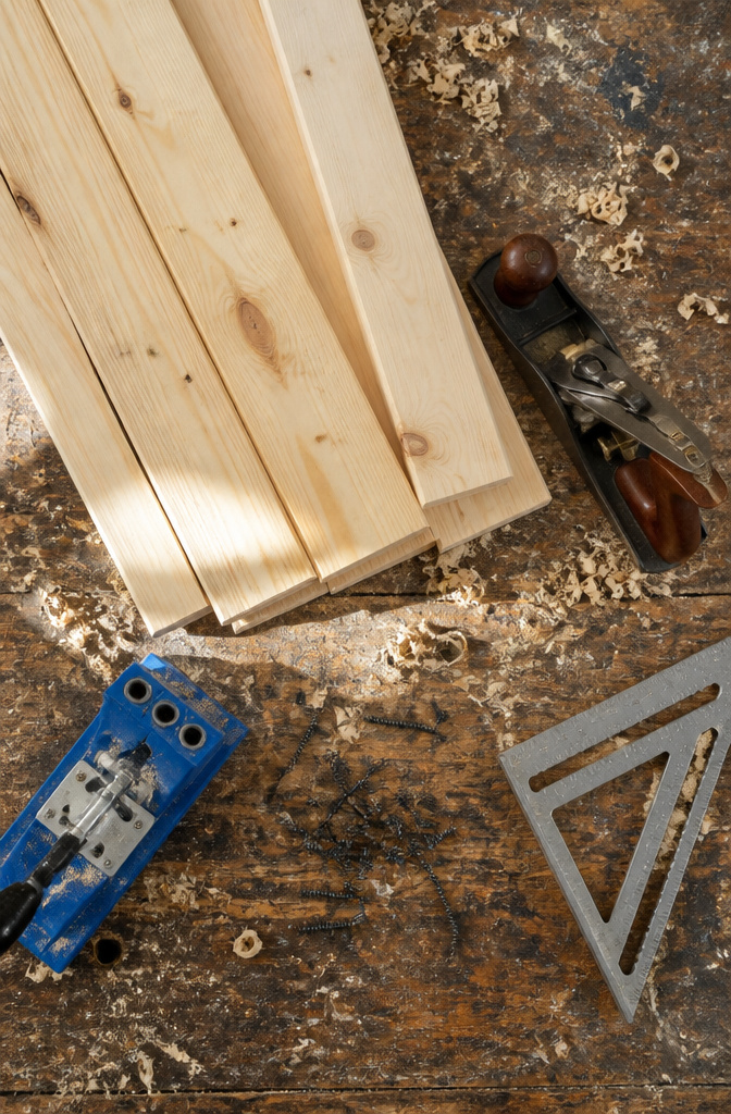 Rough pine boards laid out for building a shoe rack.