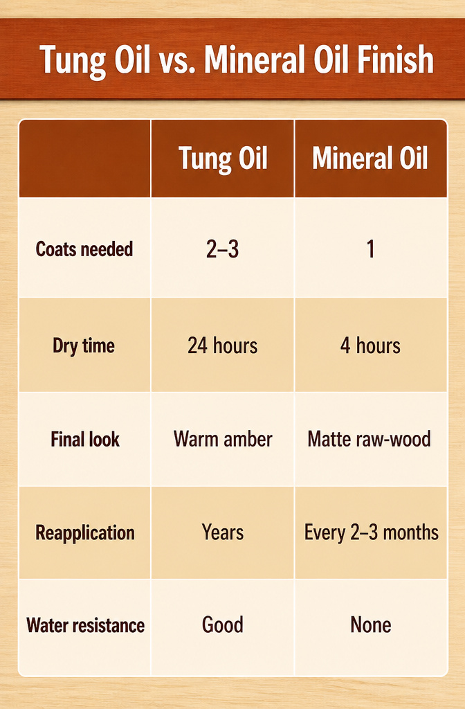 Comparison of tung oil and mineral oil finishes for wood.