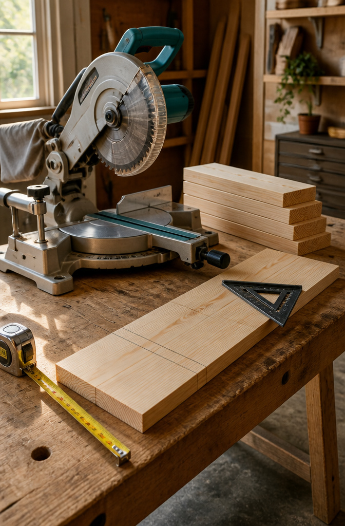 Miter saw next to a pine board marked for cutting.