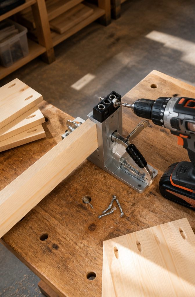 Pocket hole jig clamping a pine board with a cordless drill above.
