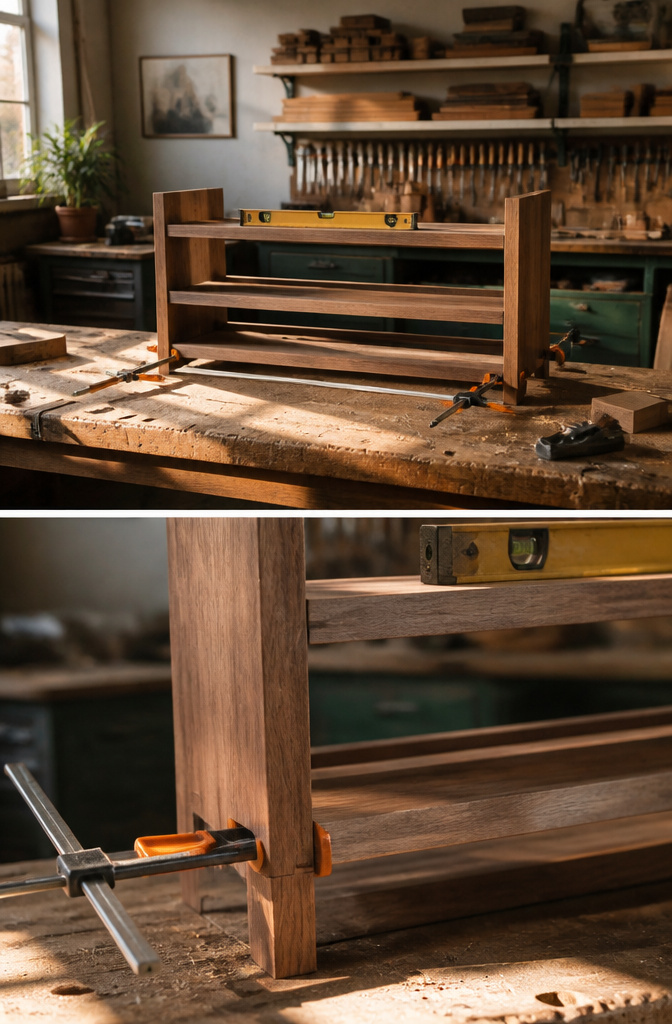 Base frame of the shoe rack being assembled using a speed square.