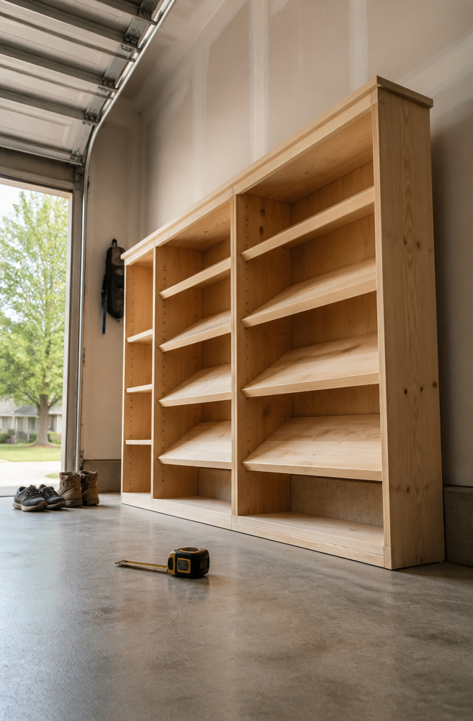 Angled shelves marked on side boards for shoe placement.