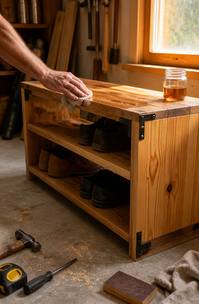 Corner brackets attached inside the shoe rack for added stability.