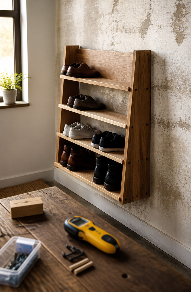 Shoe rack attached to a wall with a hidden French cleat system.