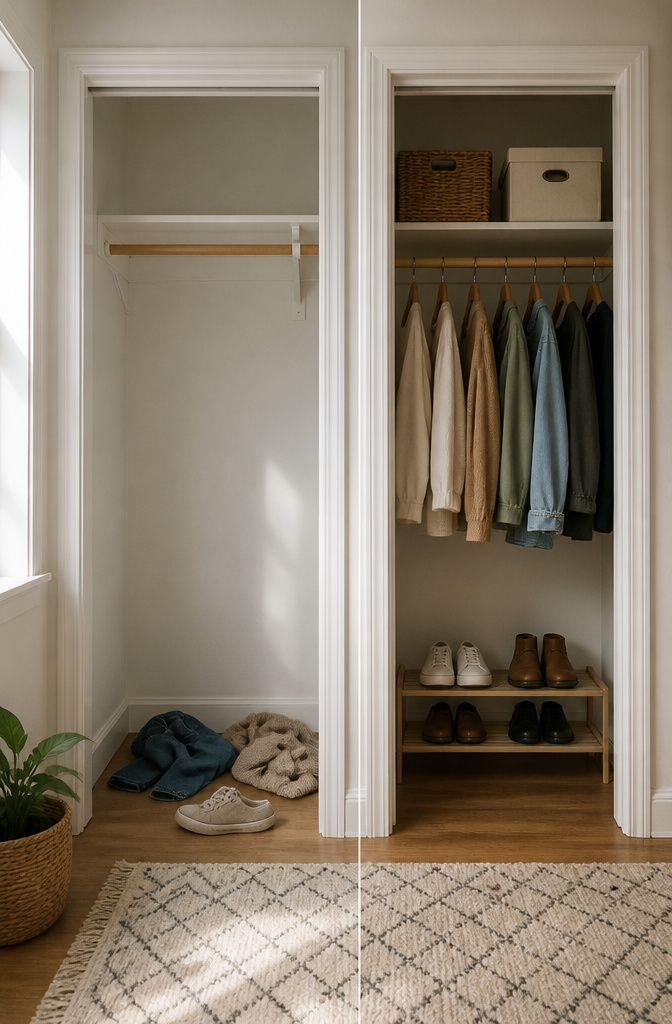 A closet with empty hanging space and a clean floor.