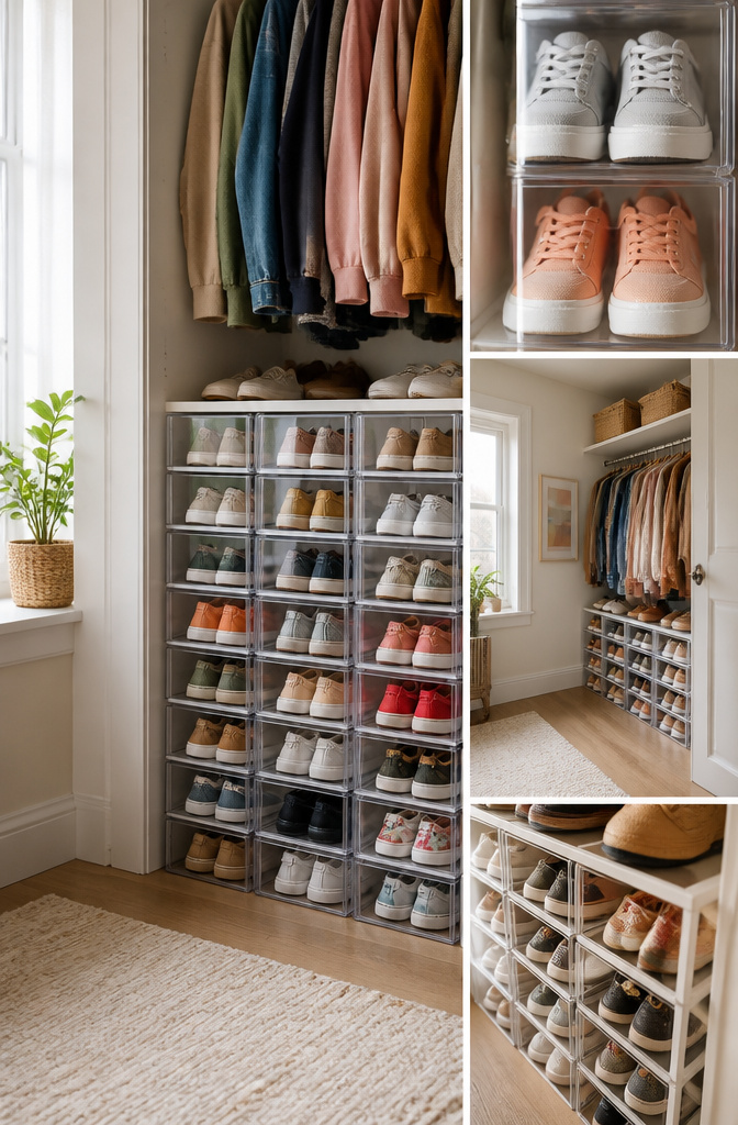 Shoes stored in clear front-facing bins for visibility.