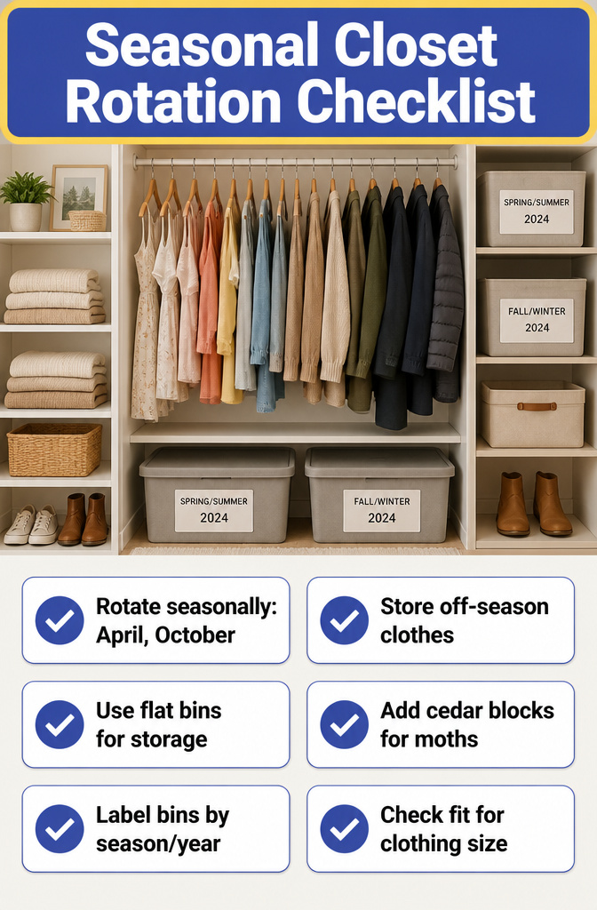 A seasonal closet rotation checklist for organizing clothes.