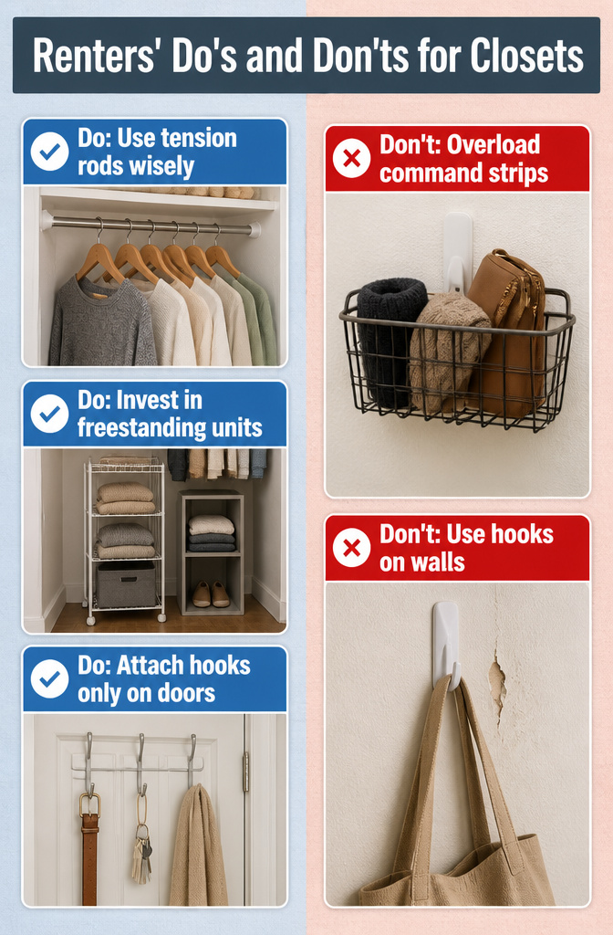 A closet with tension rods and removable hooks for storage.
