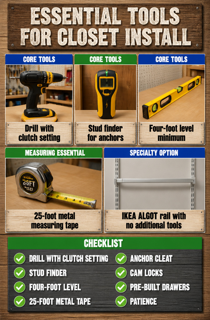 A collection of tools required for closet installation.